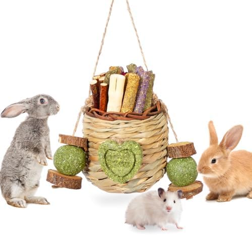 Jorewood Rabbit Chew Toys,Natural Hanging Basket with Sweet Bamboo,Timothy Hay,Peach Sticks for Bunny Chinchillas Guinea