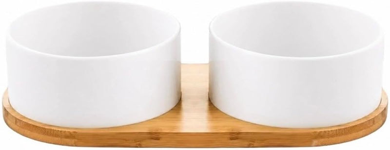 Ceramic Small Dog and Cat Bowls-Set of 2 Pet Dishes with Non-Slip Wood Tray
