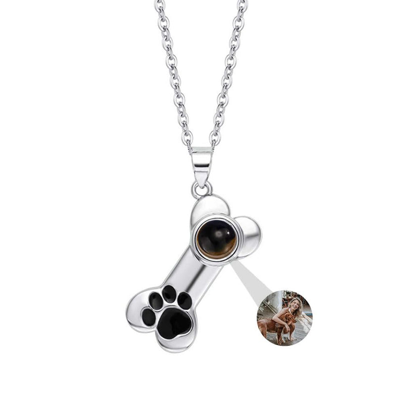 Wexibauyl Personalized Photo Necklace Custom Photo Projection Necklaces Dog Bone with Paw Print Pendant Necklace with Picture Inside Pet Dog Cat Memorial Necklace for Pet Lover Women Men