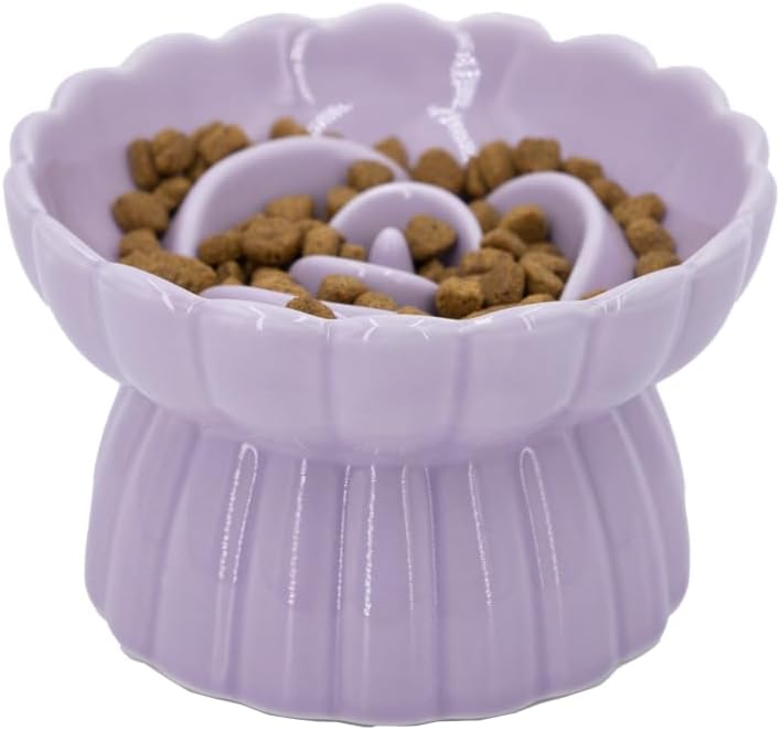 Ceramic Cat Slow Feeder, Raised Slow Feeder Cat Bowl, Anti Vomiting and Whisker Friendly Kitty Dish, Elevated Puppy Kitt