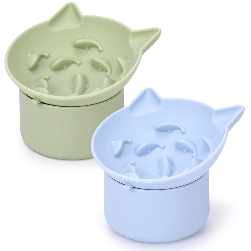 Funnymoom 2 Pack Silicone Cat Slow Feeder, Elevated Slow Feeder Cat Bowl for Dry and Wet Food, Tilted Design with Non Slip Base, Adjustable Angle for Pet(Green and Blue)