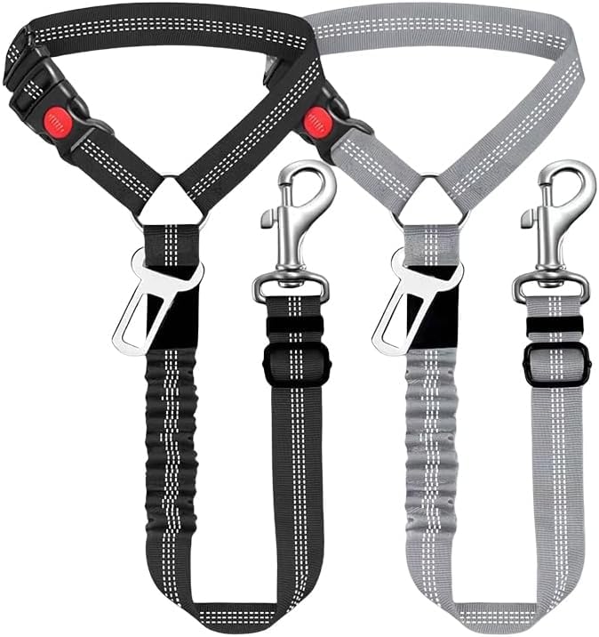 2 Packs Pet Rope Safety Leash,Pet Seat Belt,Circular Ring,Stretchable,Elastic,Reflective Dog Chain,3 in 1 Pet Dog Car Seatbelt Leash for Small,Medium Cats and Dogs,Black + Gray