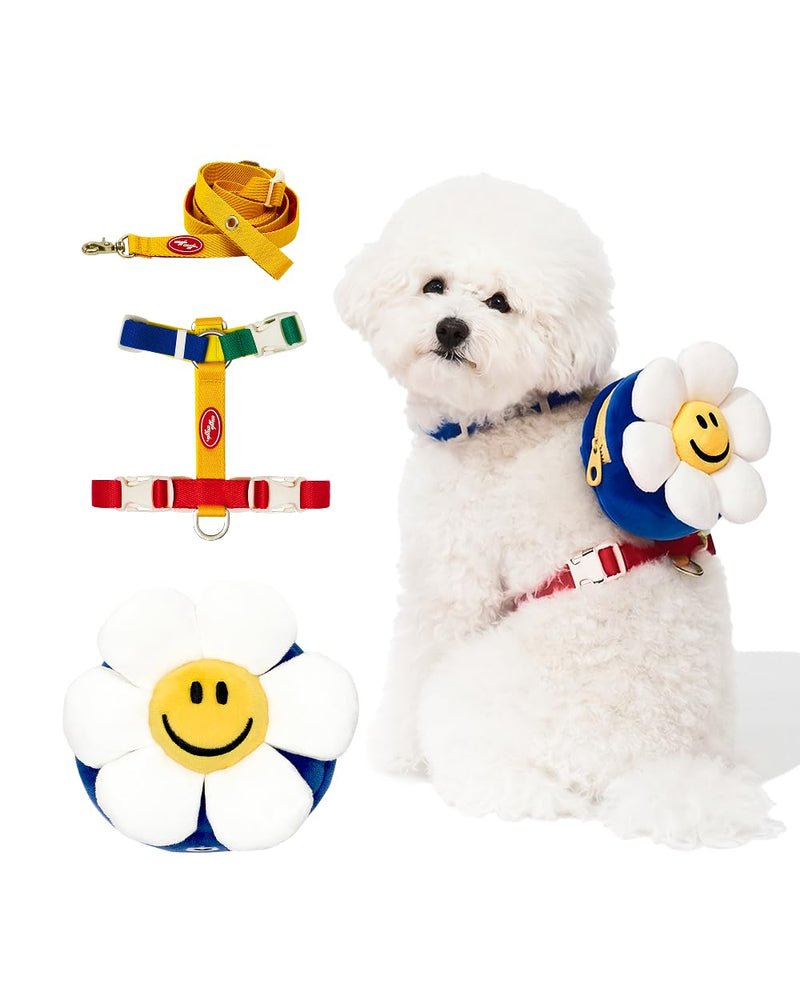 PETHROOM × Wiggle Wiggle Smile We Love Dog Backpack Harness with Leash – Cute Flower-Shaped Mini Backpack, No-Pull Adjustable Harness for Small Medium Dogs, Ideal for Travel, Camping & Hiking (Large)