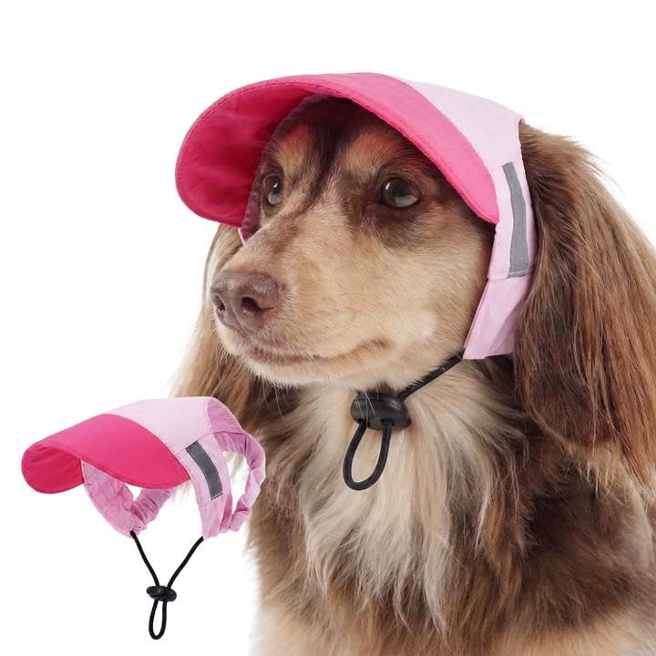 FUAMEY Dog Sun Hat, Adjustable Dog Baseball Cap Visor with Ear Holes, UV Protection Breathable Summer Hat for Small Dogs (Pink, Small)