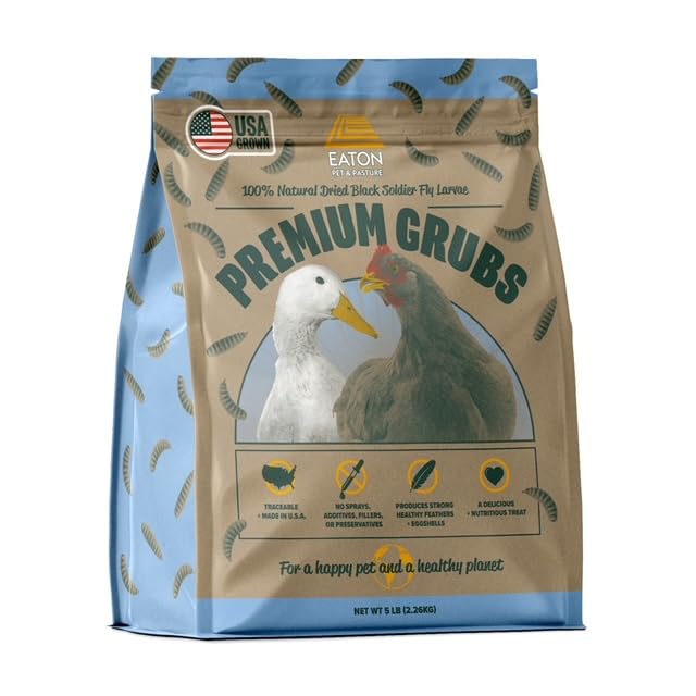 Eaton Pet and Pasture Premium Grubs, USA Grown Dried Black Soldier Fly Larvae, High Calcium Treat for Chickens, Ducks, Wild Birds (5 LB)