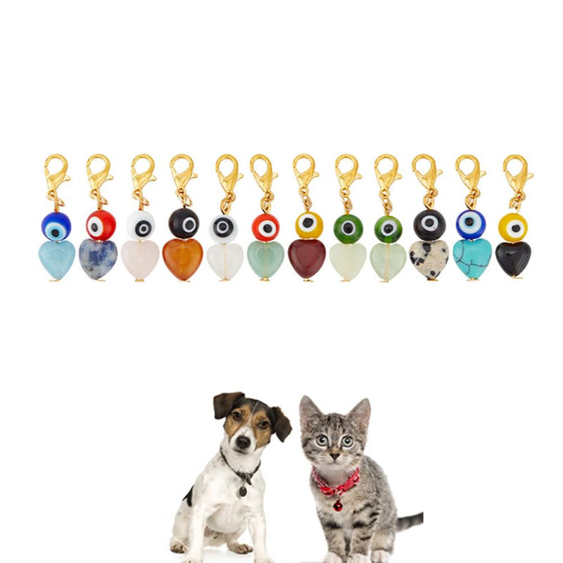 DELORIGIN 12pcs Evil Eye Heart Collar Pendants for Cat Dog, Gemstone Jewelry Charms Lampwork Pet Collar Pendants Clip-on Charms for Bag Decor Keychain Pet Necklace Training Home Decoration