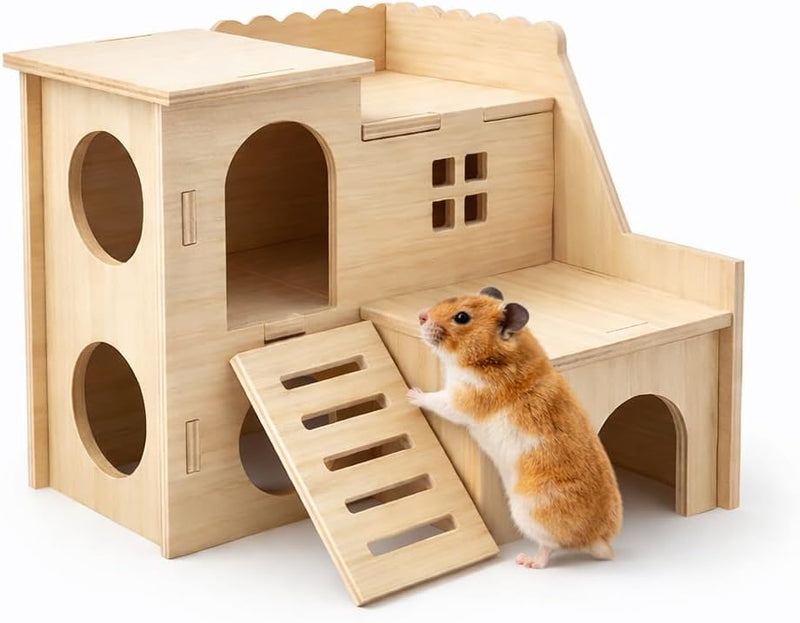 Tiny Hamster Maze Wood House Fun Slide House Double-Decker Hut for Dwarf Gerbil Mouse Mice Rat Small Animals(Only for Sm