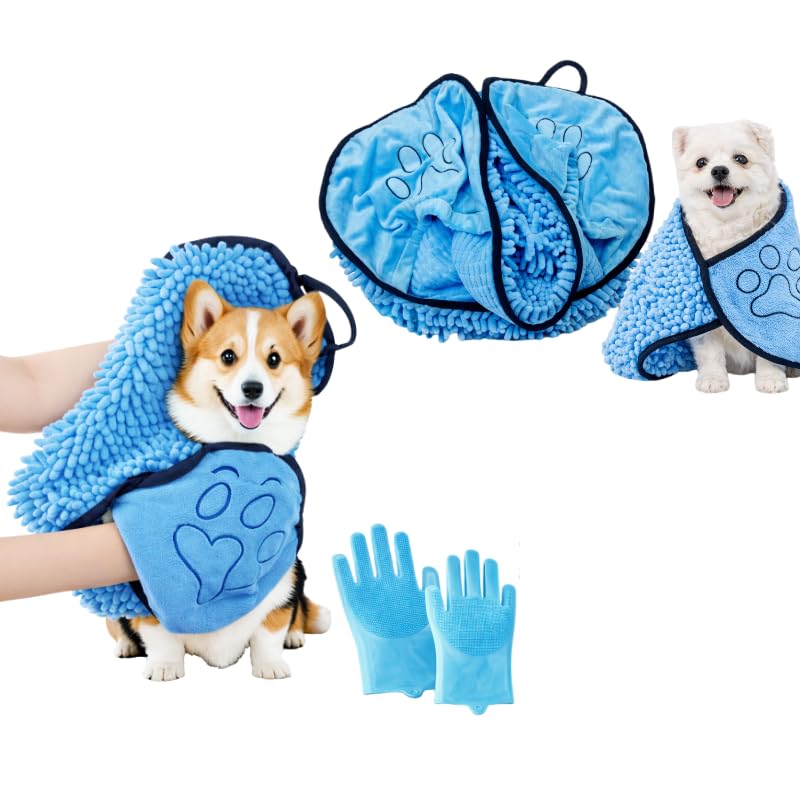 gemxtkg Super Absorbent Dog Bath Towel & Grooming Glove Set – Soft Chenille Dog Drying Towel for Small Dogs & Puppies, Quick Dry, Machine Washable, Non-Toxic, Blue