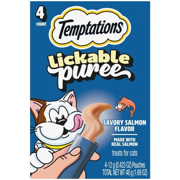 Temptations Creamy Puree Squeezable Lickable Cat Treats, Wet Cat Treats with Salmon, 0.42 oz. Tubes, 4 Count