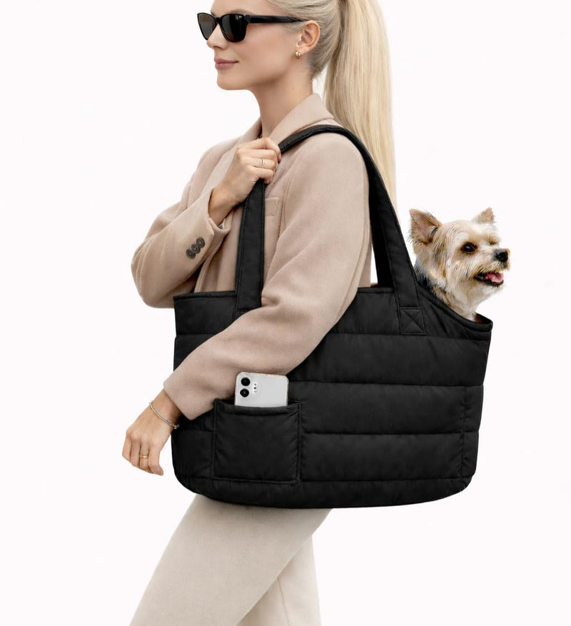 Dog Purse Carrier for Small Dogs, Puffer Dog Bag, Portable Travel Tote Bag for Small Dogs, with Safety Leash & Phone Pocket