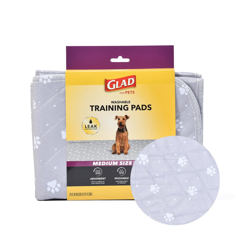 Glad for Pets Washable Dog Pee Pads, Medium, 24 x 36 Inch, 2 Count, Gray with Paw Prints, 3-Layer Leak Protection, No-Slip Vinyl Bottom, Reusable Puppy Training Pads