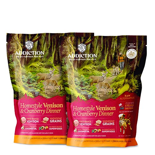 Addiction Homestyle Venison & Cranberry Dinner Air-Dried Grain-Free Dog Food – Complete Meal or Topper with Natural Ingredients for Digestive and Skin & Coat Health, 2lb - 2 Packs