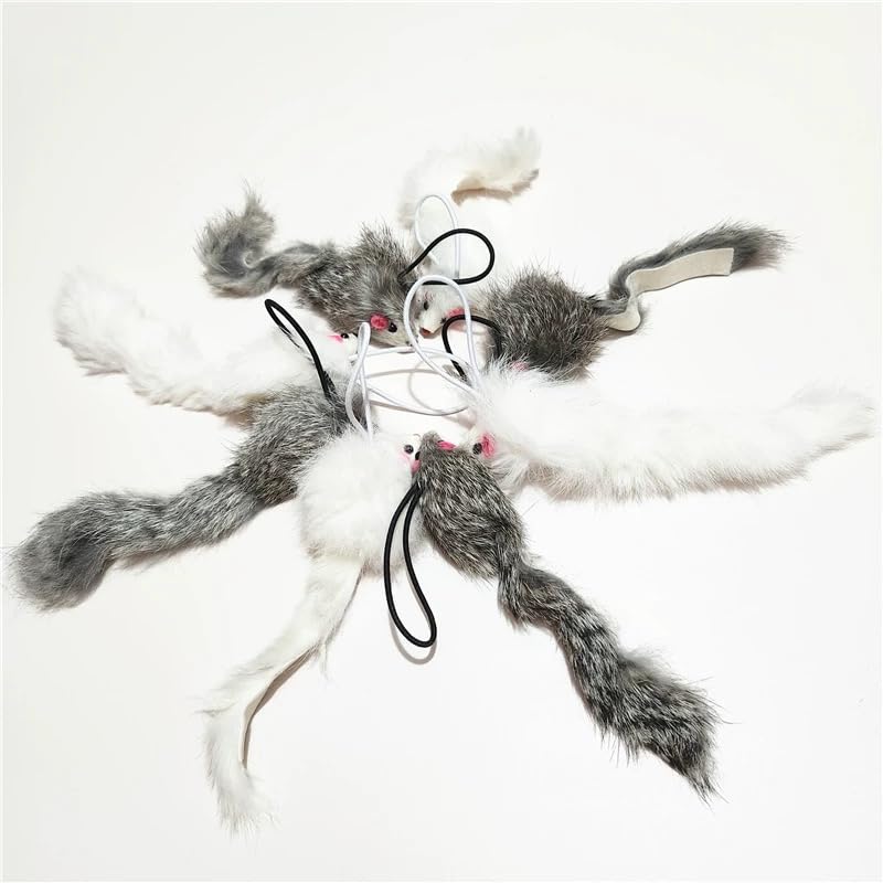 Caticalife Real Rabbit Fur Mouse Cat Toy - 5 Pack with Crinkle Sound, Rattle & Rope, Extra-Wide Durable Tail, Interactive Hunting Toys for Indoor Cats (No Catnip)