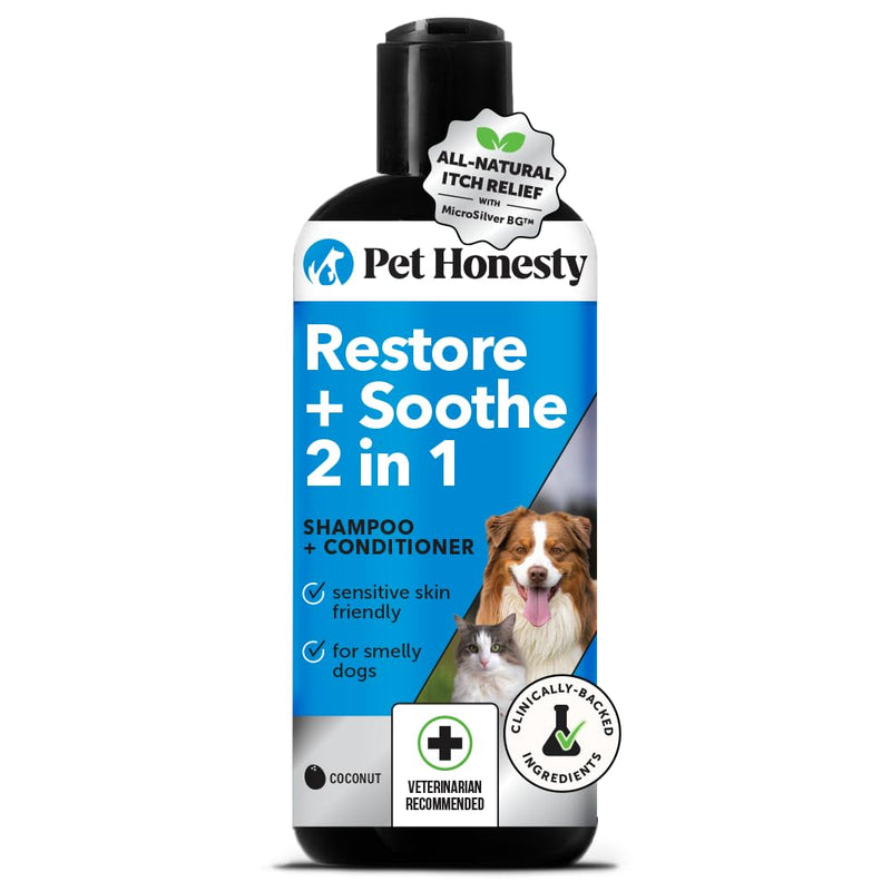 Pet Honesty Restore + Soothe 2 in 1 Shampoo + Conditioner for Sensitive Skin for Dogs & Cats - Dog Skin and Coat Supplement - Soothes Itching, Irritation and Hot Spots (Coconut) - 16oz