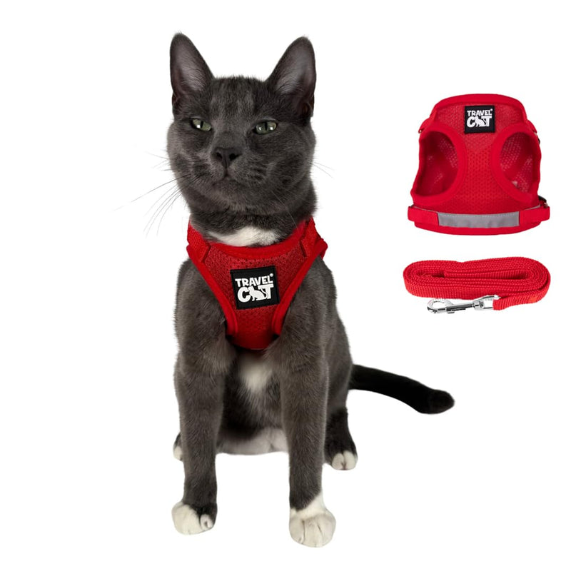 Travel Cat Harness and Leash Set - Adjustable Fit Mesh Cat Harness and Reflective Strap - Comfort Walking Vest for Kitten for Outdoor Walking, Hiking (Medium, Red)