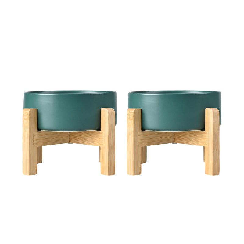 SPUNKYJUNKY Ceramic Elevated Dog Bowls 2 Pack - 6.1inch Raised Dog Bowls with Non-Slip Wooden Stand for Medium Dogs Dishwasher Safe(Green,28.7OZ*2)