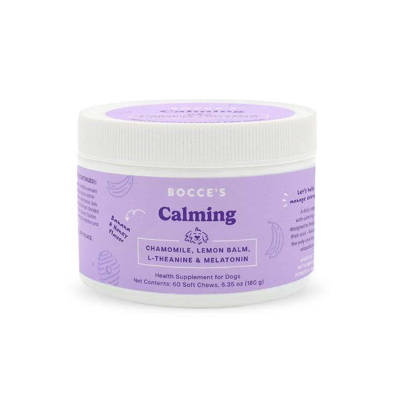 Bocce's Bakery Calming Supplement for Dogs, Daily Chews Made in The USA with Chamomile, Lemon Balm, L-Theanine & Melatonin, Supports Stress, Banana & Honey, 60 ct
