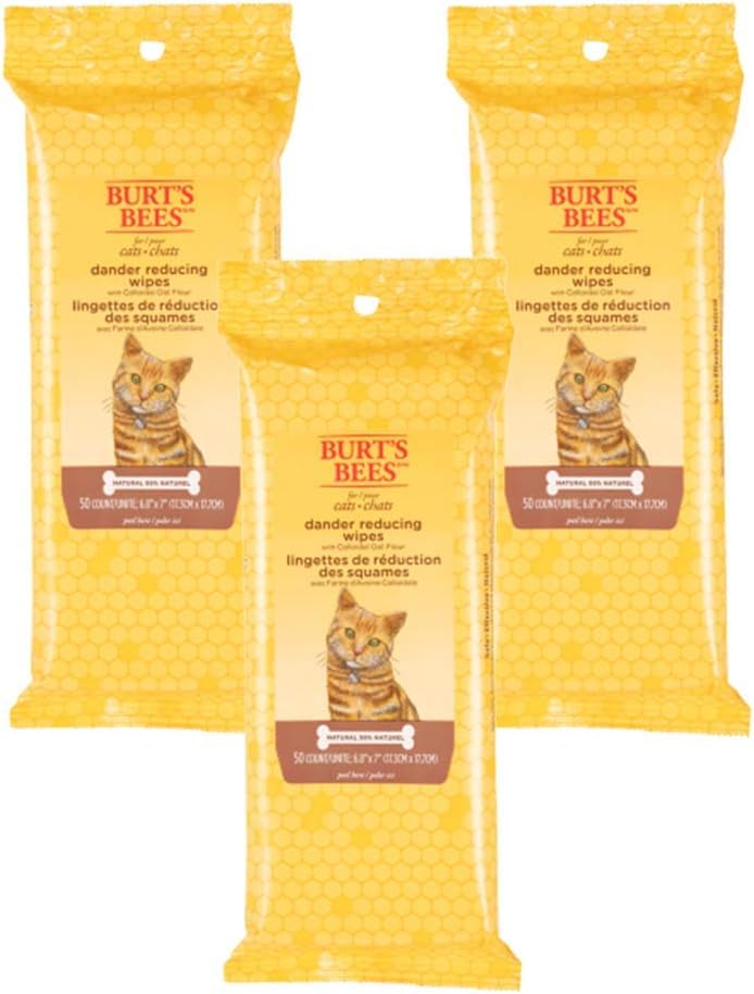 Burt's Bees for Pets Cat Dander Remover Wipes, Colloidal Oat Flour and Aloe to Soothe Dry Skin and Reduce Flaking, Unscented Grooming Cloths for Cats and Kittens, 50 Count - 3 Pack