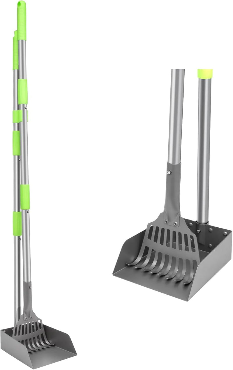 Non-Breakable Pooper Scooper, Dog Pooper Scooper Tray & Rake Set with Adjustable Stainless Steel Long Handle for Large M