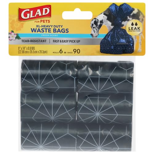 Glad for Pets Extra Large Scented Dog Poop Bags, Heavy Duty Tear-Resistant Pet Waste Pickup Bags with Fresh Scent, Easy-Tie Handles for Walking, Camping, Travel, 90 Count