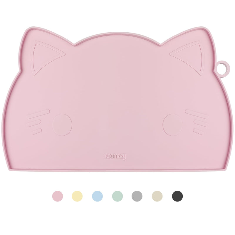 Coomazy Cat Food & Water Mat, Thicker Non-Slip Silicone Mat with Raised Edge (Pink, Medium)