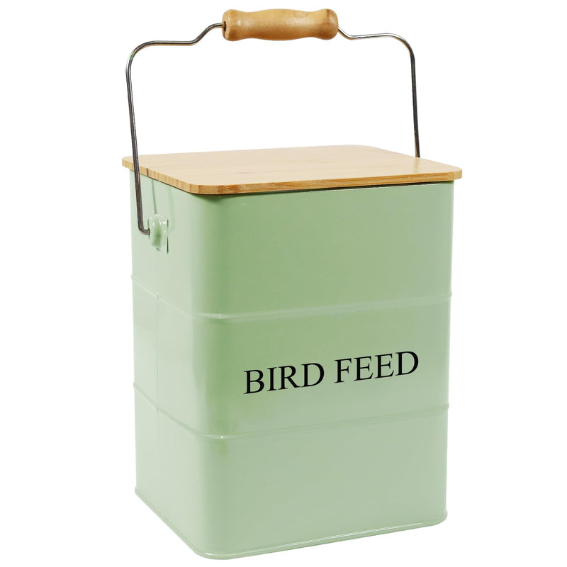 Brabtod Metal Bird Seeds storage container,Outdoor Bird Container Canister, Pet Food Bin with Wooden Lid/Handle/Food scoop,hold 5-6 Lbs of Wild Bird Seed Sunflower Seed-Preventing Squirrels-Green