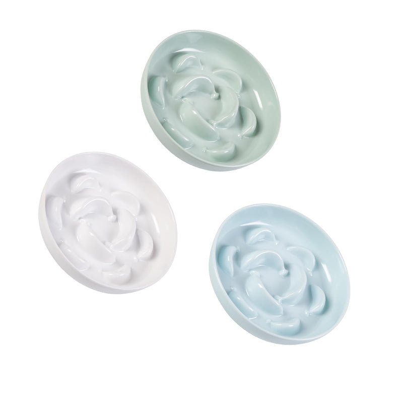 Melamine Slow Feeder Cat Bowls - 3 Pack Cat Food Dishes, 6.3 Inch Wide Opening Whisker Friendly Maze Plates for Dry and Wet Food, Dishwasher Safe, White, Blue, Green
