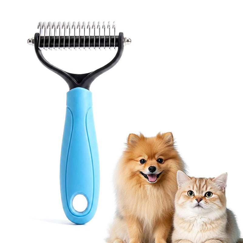 Pet Pro Grooming Tool, Dematting Comb for Dogs and Cats, Undercoat Rake Pet Brush for Long Hair, Deshedding Dog Brush Removes Tangles Knots and Loose Fur (Blue-L)