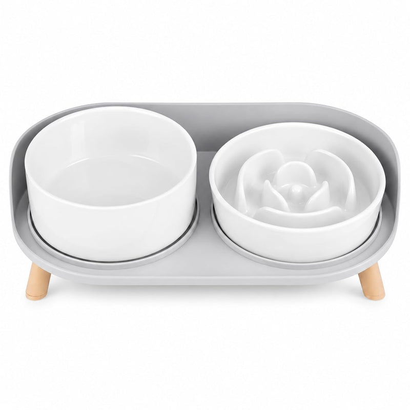 Elevated Slow Feeder Dog Bowls - Ceramic Food and Water Bowl Set with Stand - Raised Pet Dishes for Small and Medium Sized Dogs