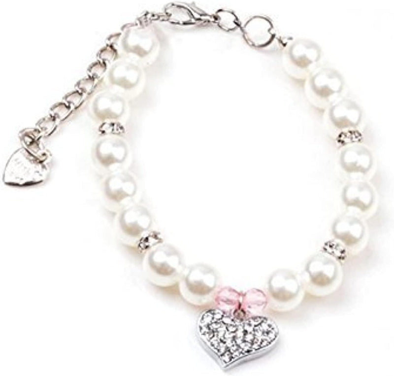 Fancy Pinky Crystal Heart Pet Cat Dog Necklace Jewelry with Bling Pearls Rhinestones Charm for Pets Cats Small Dogs Girl