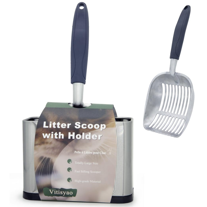 Vitisyao Full Metal Cat Litter Scoop with Holder, Stainless Steel Cat Litter Scooper Holder, Aluminum Kitty Scoop Captures All Clumps, Heavy Duty Kitty Metal Scooper with Non-Slip Handle