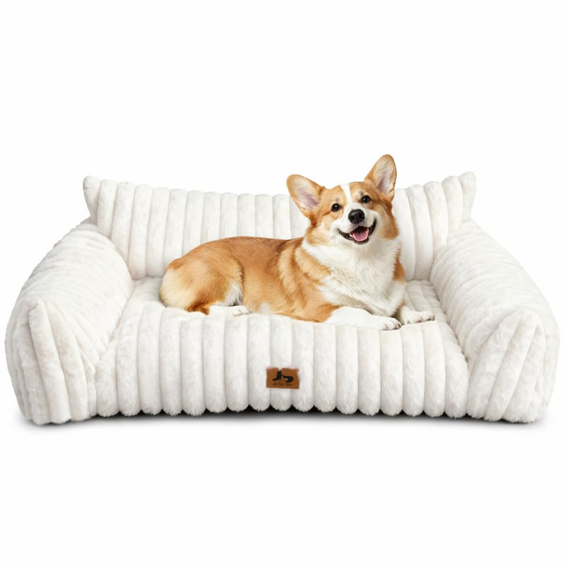 Warmrest Dog Couch for Pets, Cute Small Dog Bed Medium Size Dogs with Cozy Soft Faux Rabbit Fur for Small & Medium Dogs, Supportive Pet Sofa with Removable Washable Cover, Cream, 36