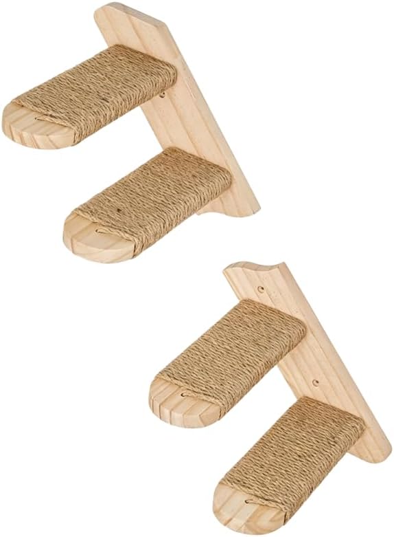 Wall Mounted Cat Shelf, 2 Pack 2 Step Wooden Stairway with Jute Rope, Space-Saving Modular Climbing Ladder for Indoor Ca