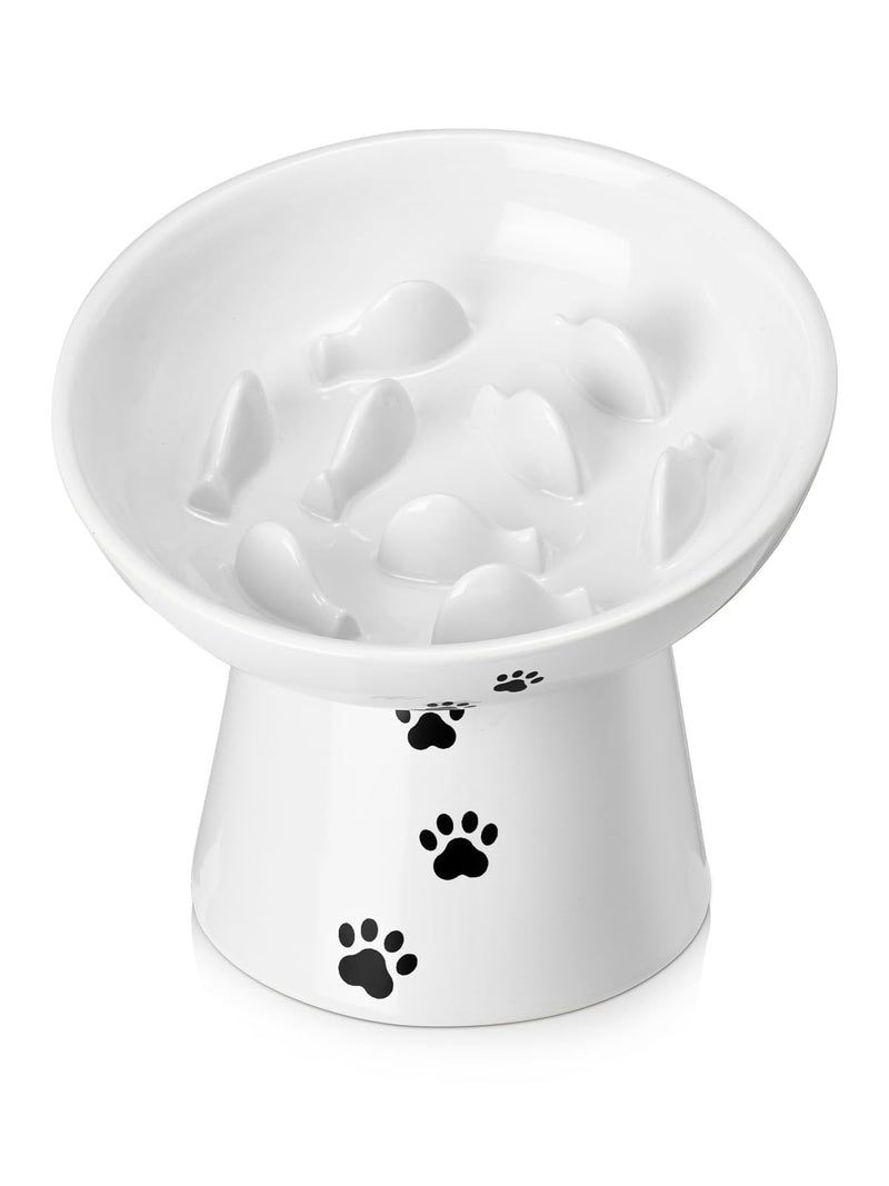 Y YHY Slow Feeder Cat Bowl, Ceramic Cat Slow Feeder Bowl, 6 Inches, Elevated, Anti Vomiting for Dry and Wet Food, White