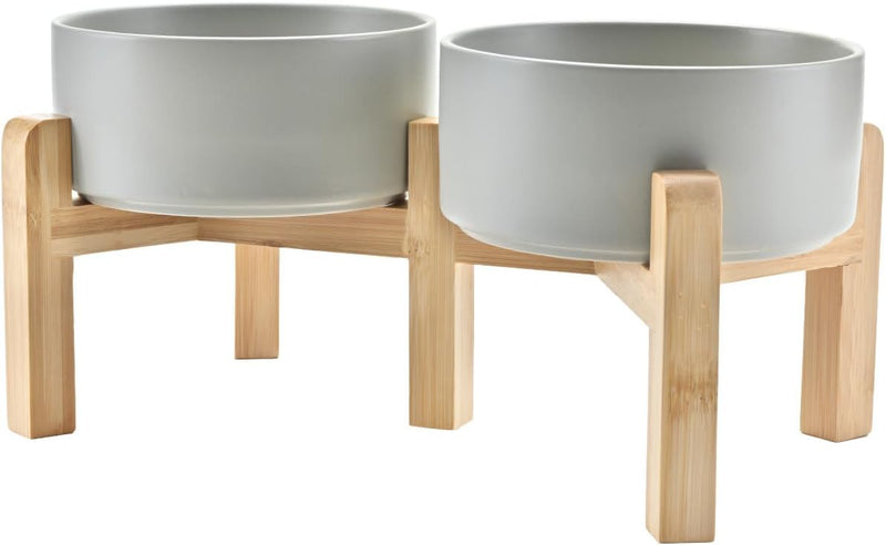 SPUNKYJUNKY Elevated Dog Bowls Ceramic, 6.1'' Dogs and Cat Food Water Bowls Raised with Non-Slip Bamboo Stand for Medium