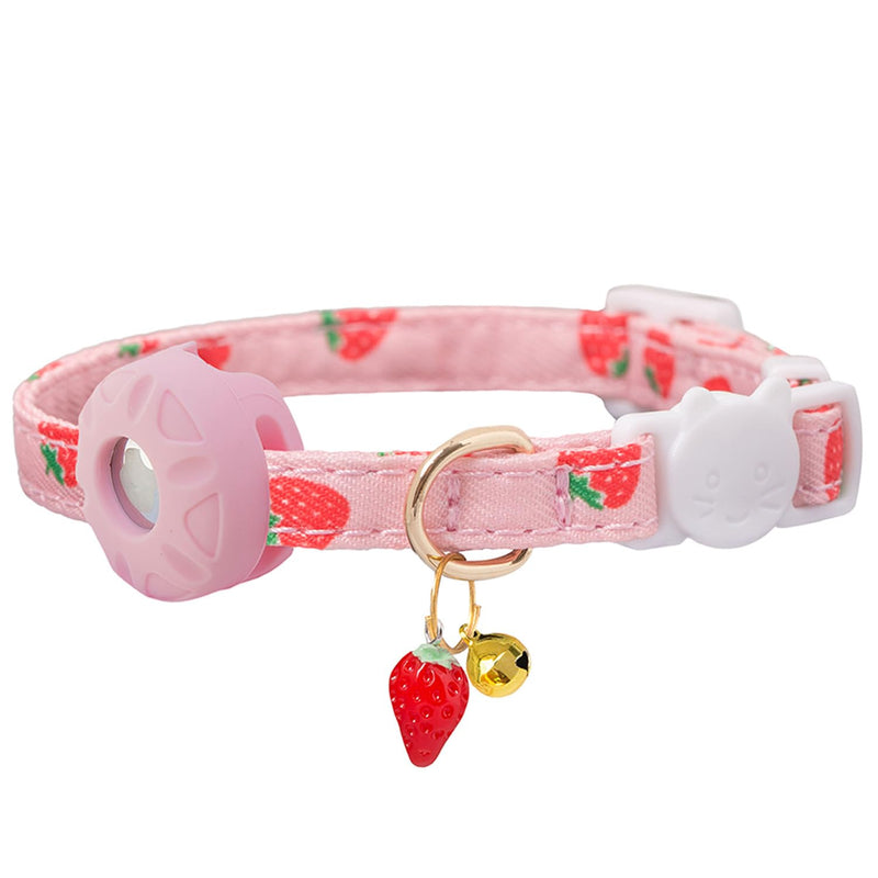 Breakaway Cat Collar with Airtag Holder,Kitten Collar with Apple Air Tag Holder and Bell for Girl Boy Cats, 0.4 Inches in Width and Lightweight. (Pink Strawberry)