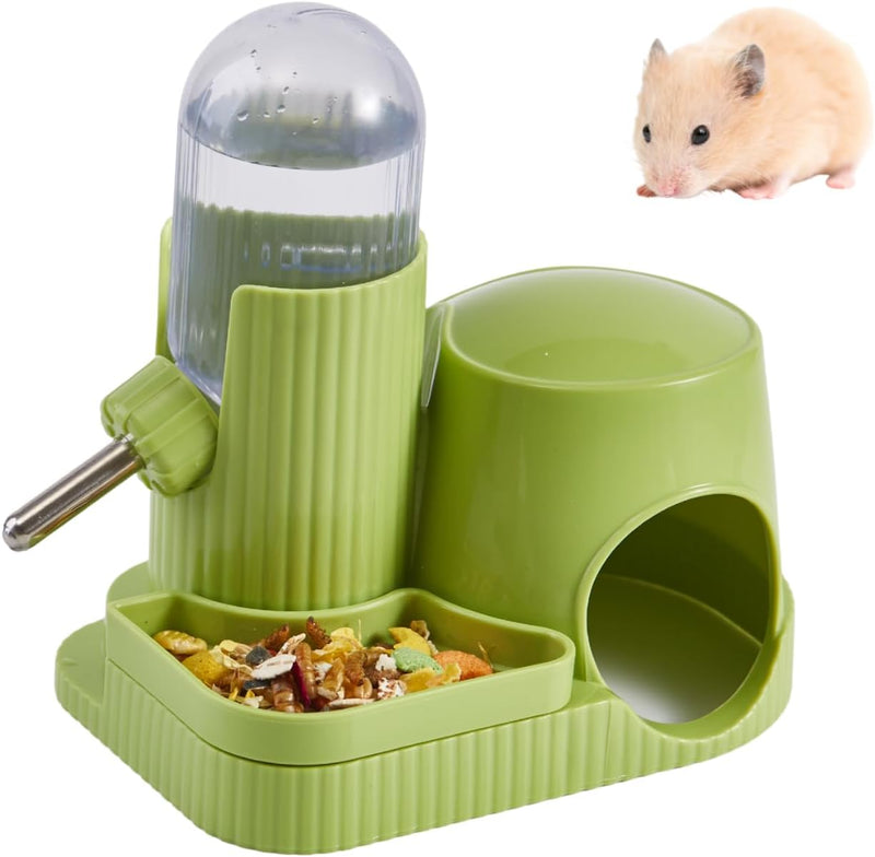 3 in 1 Hamster Water Bottle No Drip Automatic Leakproof Dispenser with Food Container and Hideout Base for Gerbil Rat Dw