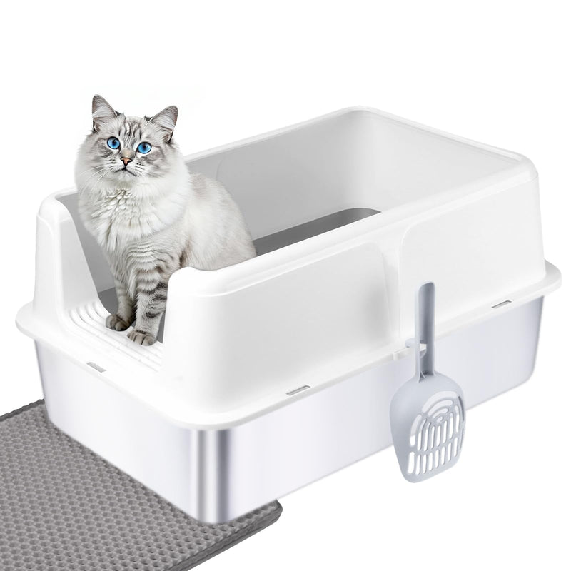Stainless Steel Cat Litter Box with Lid – XL High-Sided Metal Litter Pan for Big Cats & Maine Coons – Enclosed, Anti-Urine Leak, Non-Stick, Odor & Rust Resistant, Easy Clean with Scoop & Mat, White