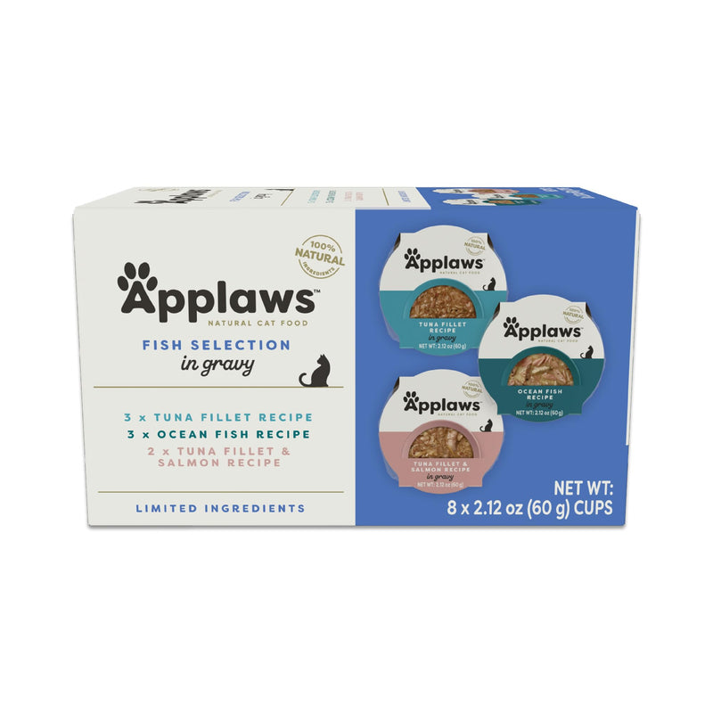 Applaws Natural Wet Cat Food in Gravy, Limited and Natural Ingredients, High Protein with No Artificial Additives, Fish Selection in Gravy (8X 2.12 oz Easy-Open Cups)