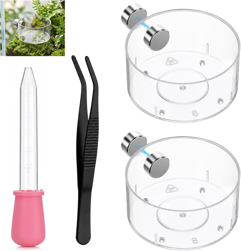Jumping Spider Feeding Dish, 2+2 Pcs Tiny Tarantula Water Dish Magnetic Water Bowl with Dropper and Feeding Tongs, Repti