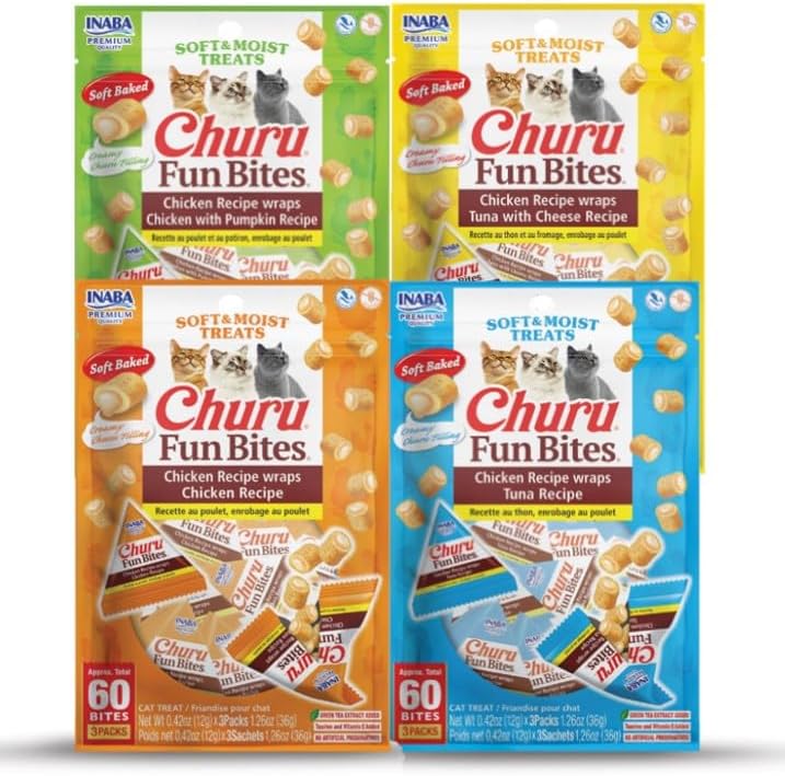 INABA Churu Fun Bites for Cats, Soft & Chewy Baked Chicken Wrapped Filled Cat Treats with Taurine, 0.42 Ounces Each Tetr