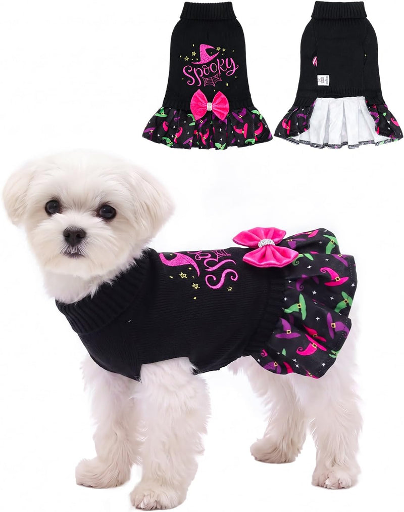 CuteBone Halloween Dog Sweater Dress with Bow for Small Medium Dogs & Cats