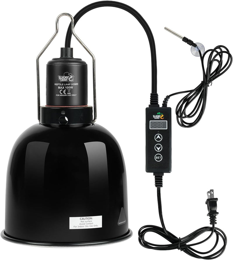LUCKY HERP Reptile Light Fixture with Dimming Thermostat & Timer, Aluminum 5.5inch Deep Dome Reptile Lamp Fixture, Heat