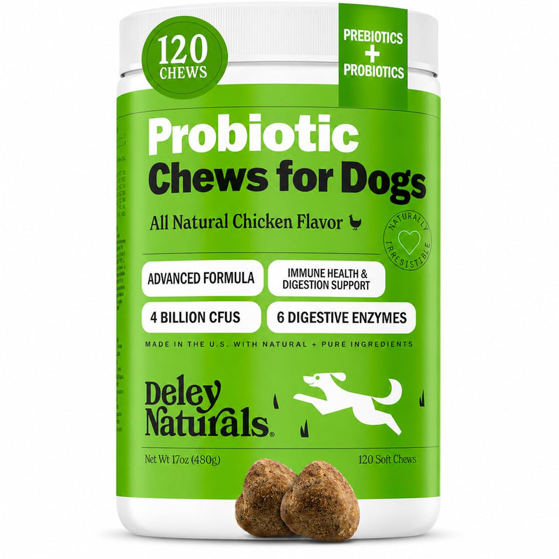Deley Naturals Dog Probiotic Chews - 4 Billion CFU Probiotics for Dogs with Digestive Enzymes & Prebiotics - Grain Free Soft Chews for Gut Health & Digestive Support - 120 Chicken Chews Made in USA