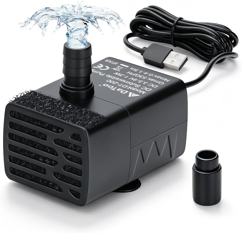 DaToo 3w Aquarium Submersible Water Pump DC 3.5-9 V USB Mini Fountain Pump with 2 Nozzles for Fish Tank Bird Bath Ponds