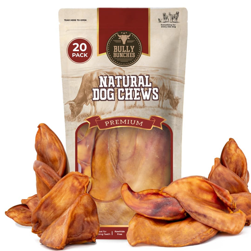 Bully Bunches Large Whole Pig Ears for Dogs | Free Range Oven Baked Pork for All Breeds | All-Natural, Single Ingredient & 100% Digestible Safe Dog Chew - Multipack (20 Pack)