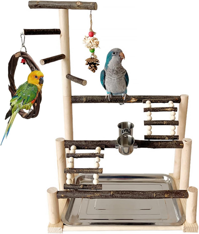 Bird Playground,Parrots Wooden Playstand with Removable Tray & Feeding Cups,Natural Wooden Parrot Stand Suitable for Sma