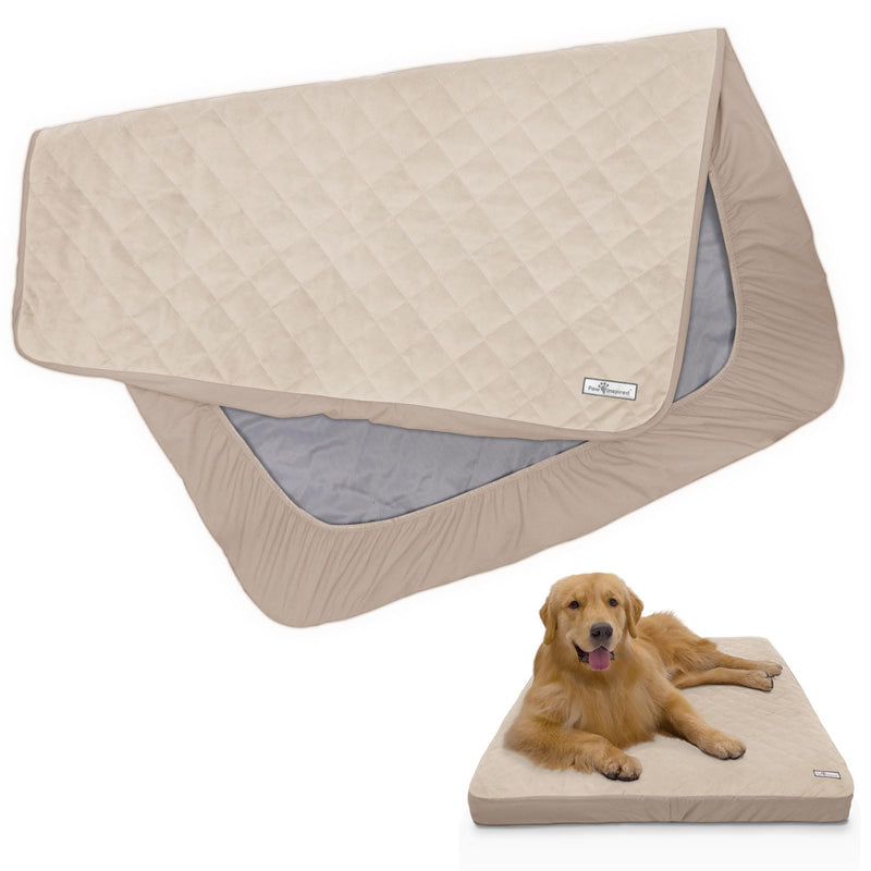 Paw Inspired Waterproof Fitted Cover for Dog Bed | Washable Bed Protector for Dog Mattress | Removable Replacement Cover for Large to XL Pet Bed (Beige, 44 x 35 x 6 Inch)