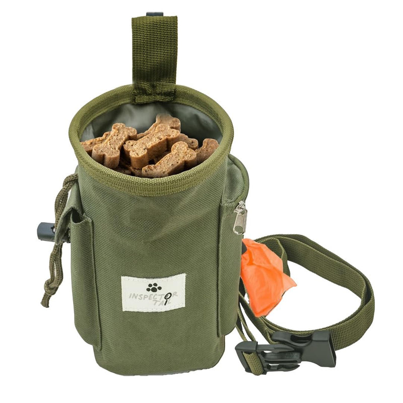 INSPECTOR TAIL Dog Treat Pouch w Drawstring to Prevent Spills | 2 Cup Tote | Hands Free w 4 Ways to Wear Puppy Bag w Pockets for Snacks Poop Bags Keys & Cards | Pet Training Walking & Rewarding Holder