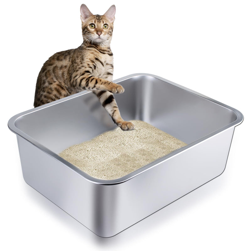 Stainless Steel Cat Litter Box - Large Metal High-Sided Pan for Cats, Pets, Non-Stick, Odor-Free, Easy to Clean, Splash-Proof, Durable (17.7